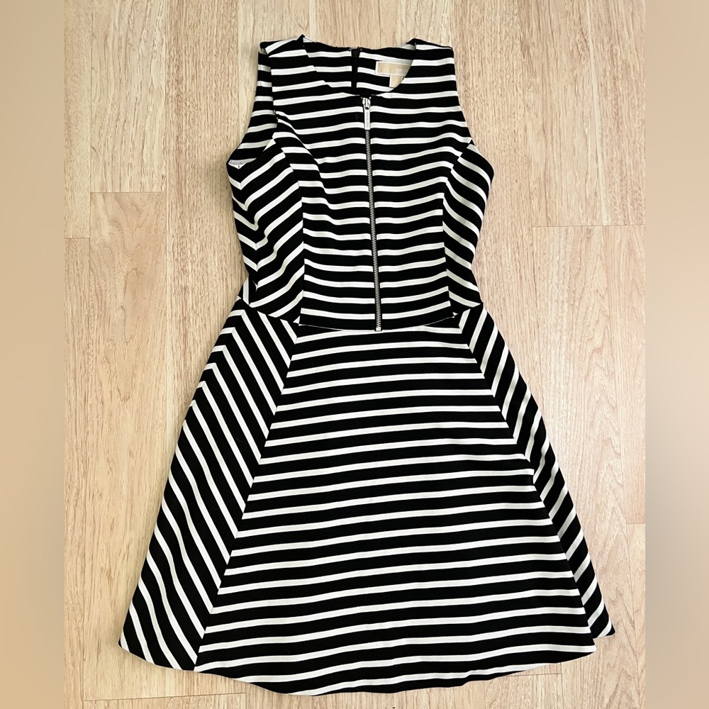 Michael Kors Black and White Striped Fit-and-Flare Mini Dress